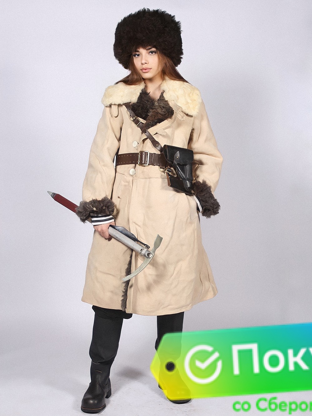Армейский меховой полушубок (бекеша) из нагольной овчины белого цвета с тёмным мехом Армейский меховой полушубок (бекеша) из нагольной овчины белого цвета с тёмным мехом